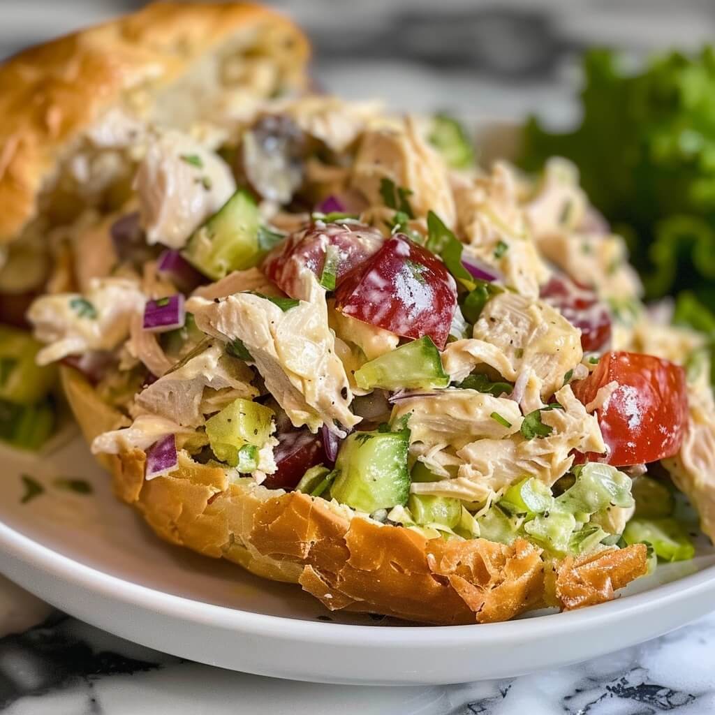 A close-up of an open-faced chicken salad sandwich on a white plate, filled with shredded chicken, grapes, celery, red onion, and herbs, served on a toasted bun with a side of lettuce.