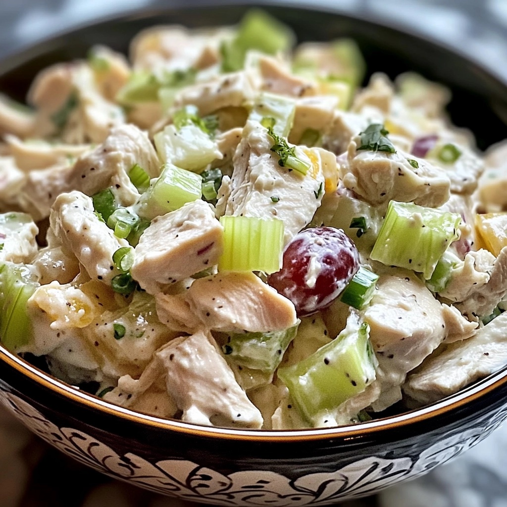 Delicious Classic Chicken Salad in a glass bowl.