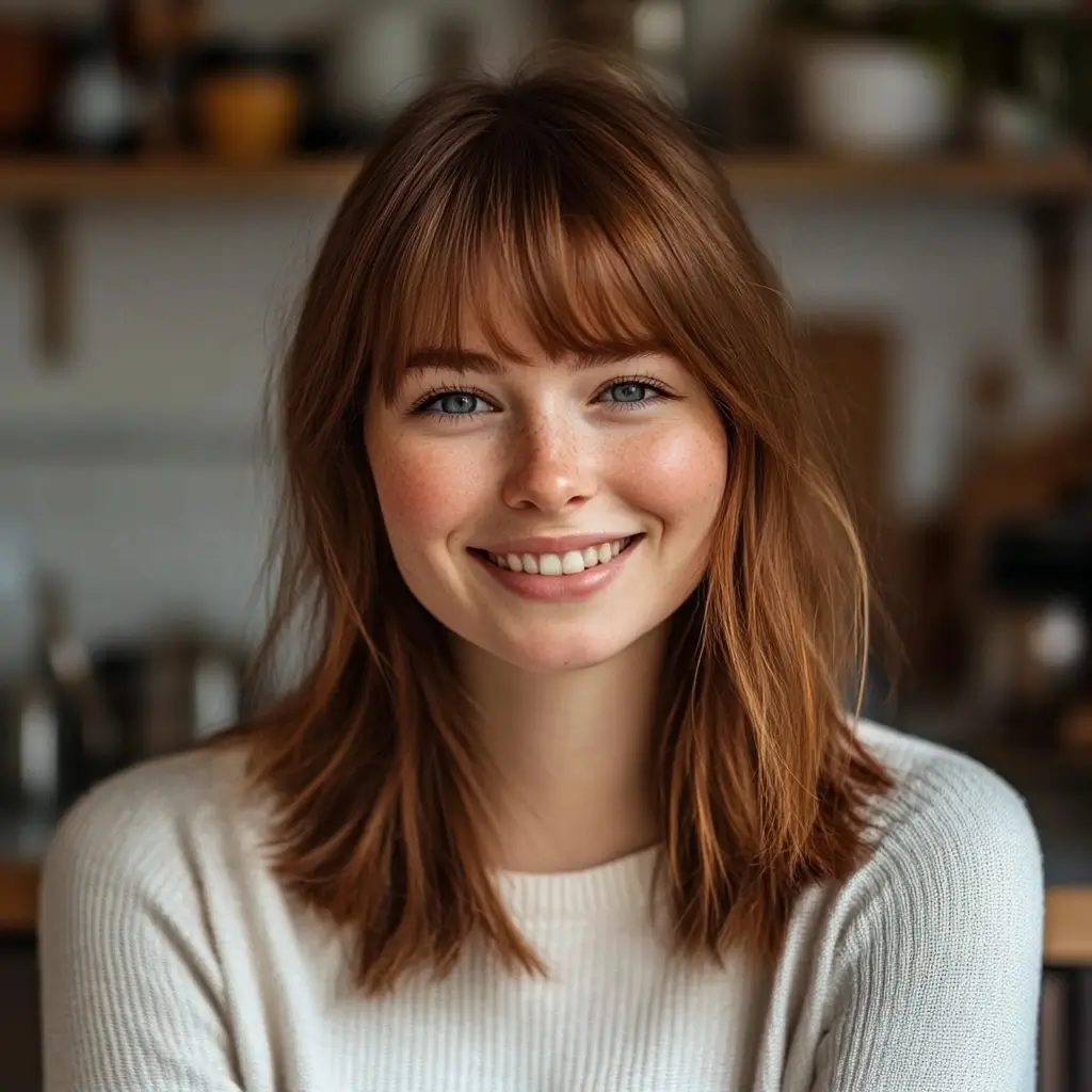 A portrait of Mia, the author of echickenrecipes.com, a fair-skinned woman with reddish-brown hair, bangs, and blue eyes, smiling warmly at the camera.