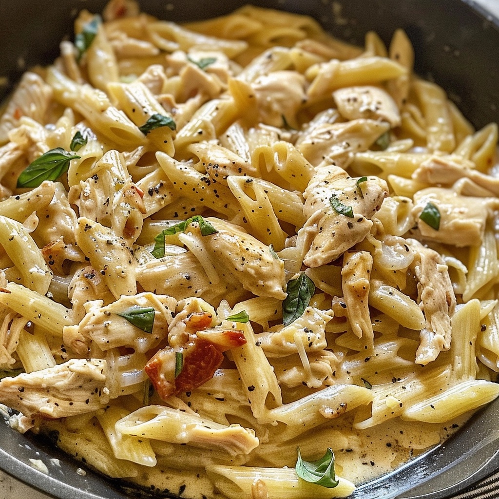 A close-up of penne pasta coated in a creamy pesto sauce with tender pieces of chicken, sun-dried tomatoes, and fresh basil, sprinkled with black pepper.