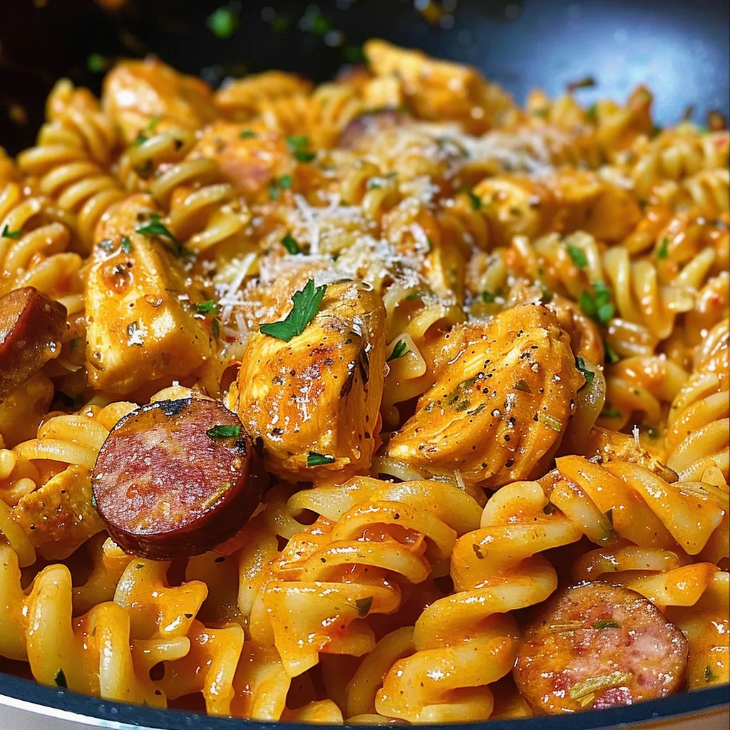 Creamy Cajun pasta with chicken and sausage.