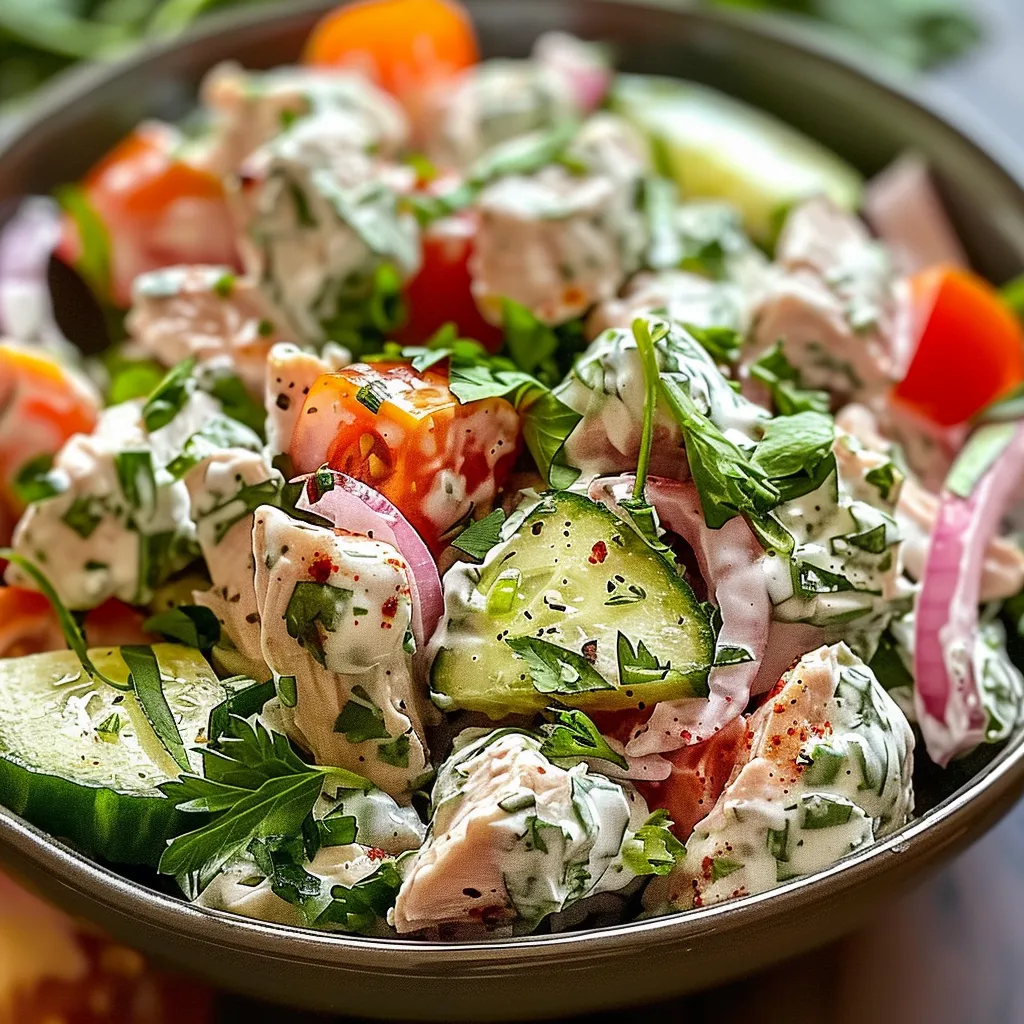 Close-up of a refreshing chicken salad with tzatziki sauce, cucumbers, tomatoes, and red onions.