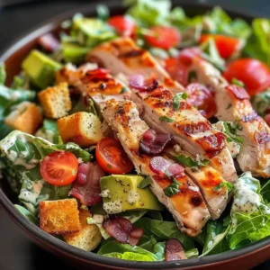 Close-up of a delicious BLT chicken salad in a black bowl.
