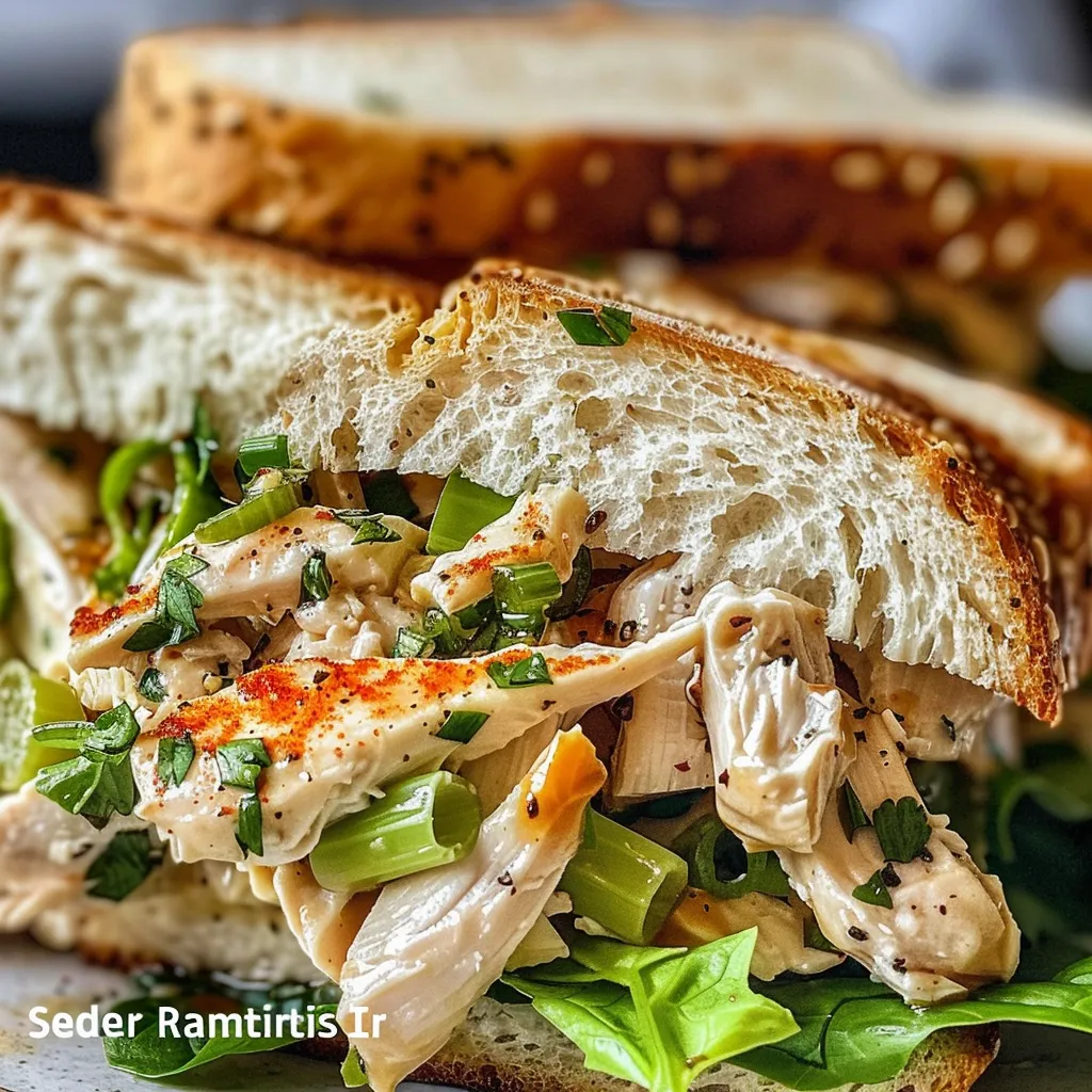 Close-up of a delicious chicken salad sandwich served on a croissant with lettuce.