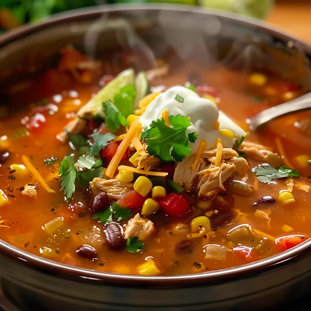 Steaming bowl of chicken taco soup topped with sour cream, cheese, and lime, served with tortilla chips.