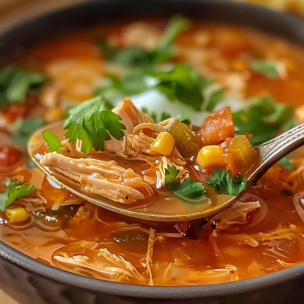 Close-up of a bowl of 7-can chicken taco soup, garnished with sour cream and cilantro. A spoonful of soup is being lifted from the bowl.