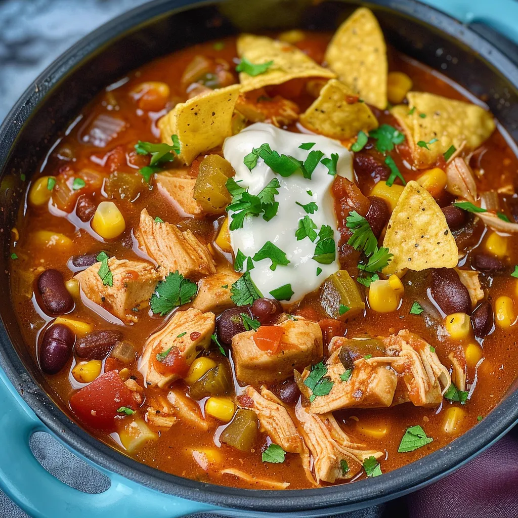 A bowl of chicken taco soup topped with tortilla chips, sour cream, and cilantro.