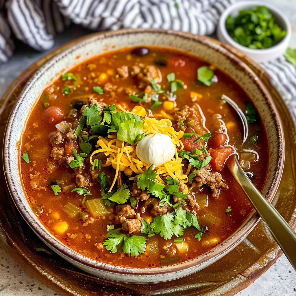 A bowl of Easy Taco Soup topped with shredded cheese, sour cream, and tortilla chips.