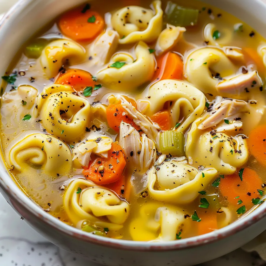 Close-up view of a bowl of creamy chicken tortellini soup.