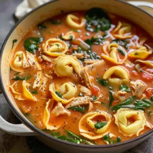 A pot of creamy tomato soup filled with chicken and cheese tortellini.