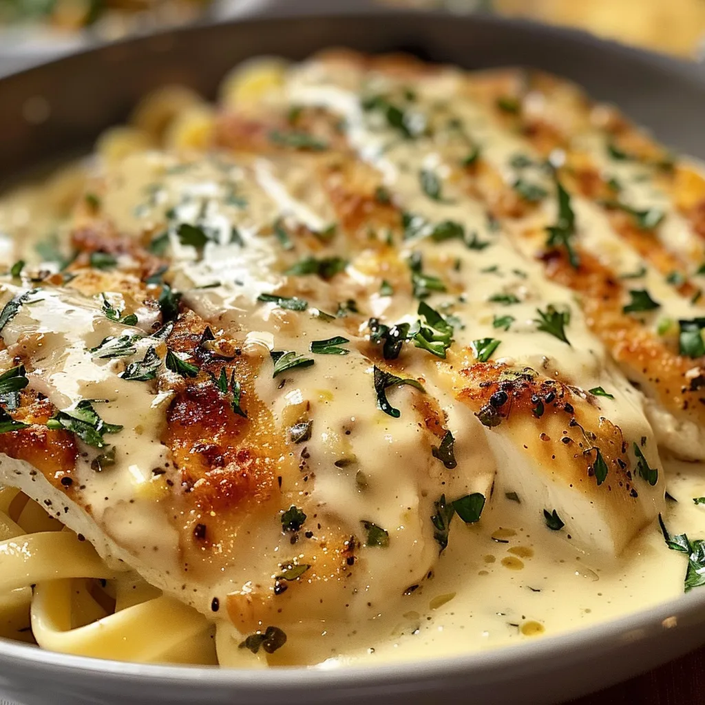 Delicious grilled chicken breast sliced over creamy Alfredo pasta.