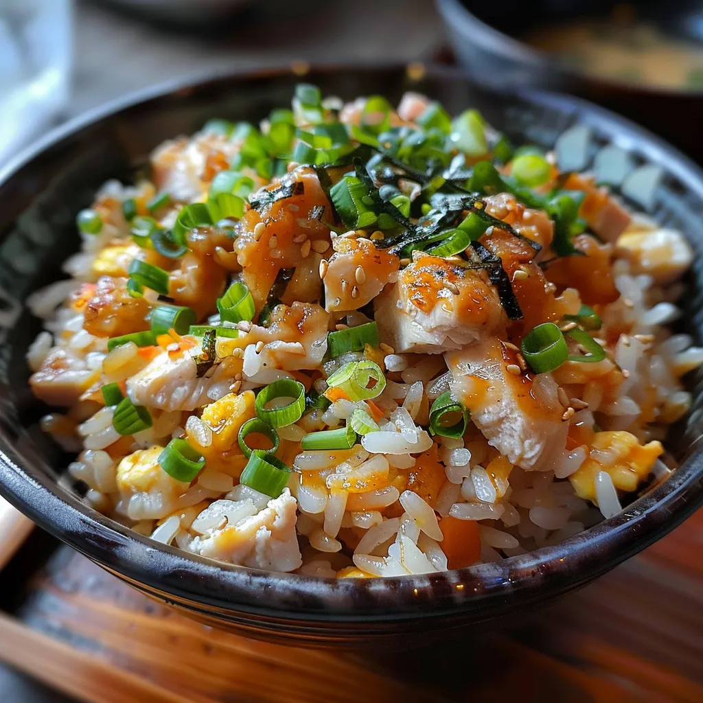 Delicious Japanese-style chicken fried rice in a dark bowl, garnished with nori seaweed.