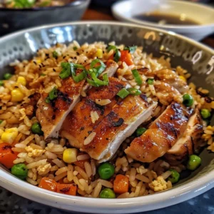 A bowl of chicken fried rice with mixed vegetables.