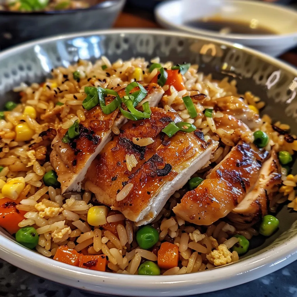 A bowl of chicken fried rice with mixed vegetables.