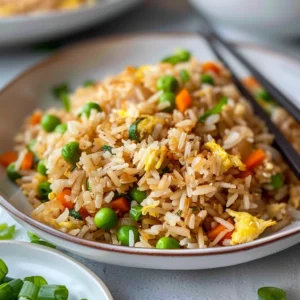 A plate of gluten-free fried rice garnished with green onions and chopsticks resting on the plate.