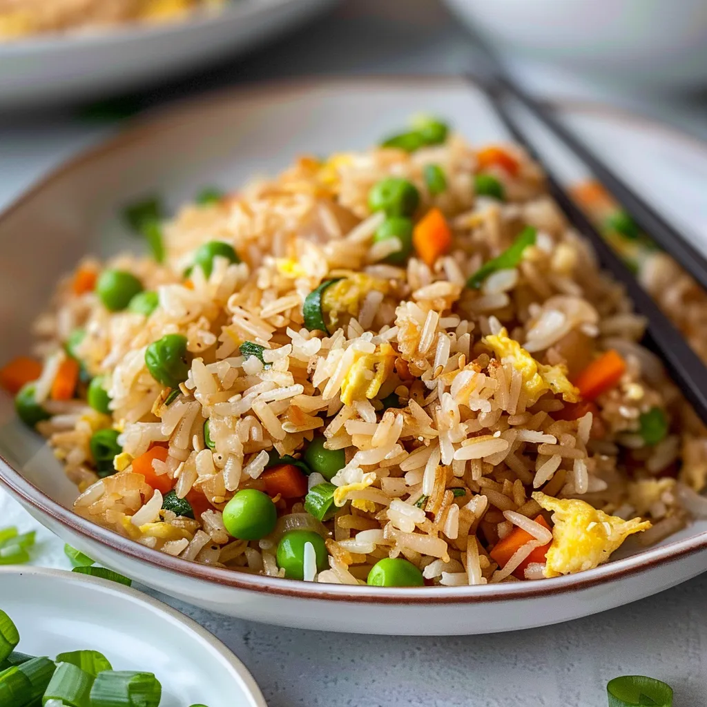 A plate of gluten-free fried rice garnished with green onions and chopsticks resting on the plate.