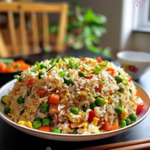 A bowl of delicious, easy Chinese fried rice with egg, carrots, and peas.