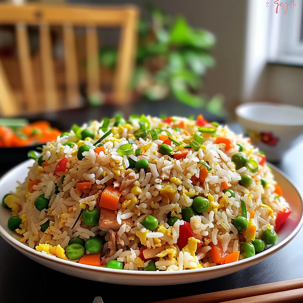 A bowl of delicious, easy Chinese fried rice with egg, carrots, and peas.