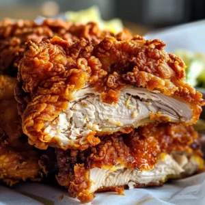 Close-up of two pieces of crispy, golden-brown fried chicken, broken open to show the juicy meat inside.