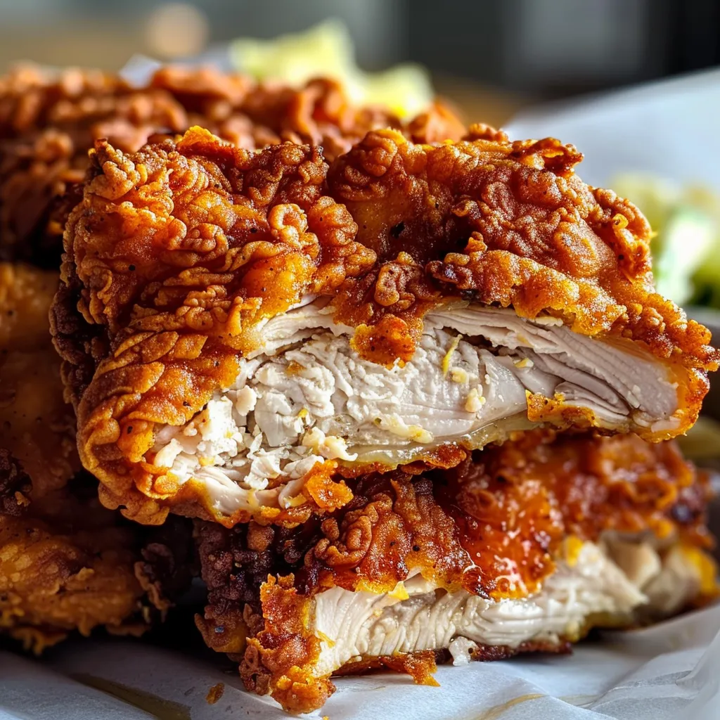Close-up of two pieces of crispy, golden-brown fried chicken, broken open to show the juicy meat inside.