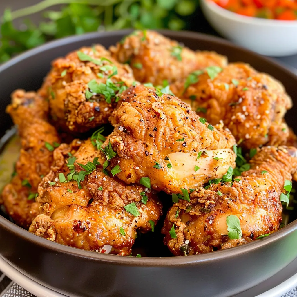 Crispy buttermilk fried chicken pieces on a white plate, garnished with parsley.
