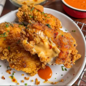 Delicious golden-brown fried chicken pieces on a white plate, served with a side of creamy sauce and corn on the cob.