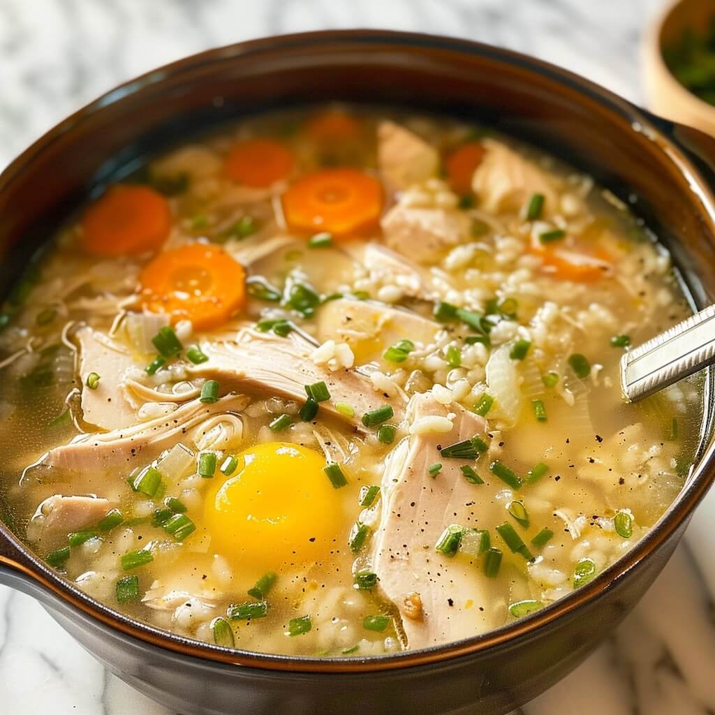 A close-up of a bowl of chicken soup featuring shredded chicken, rice or barley, sliced carrots, onions, green onions, and a vibrant golden egg yolk in a clear broth.