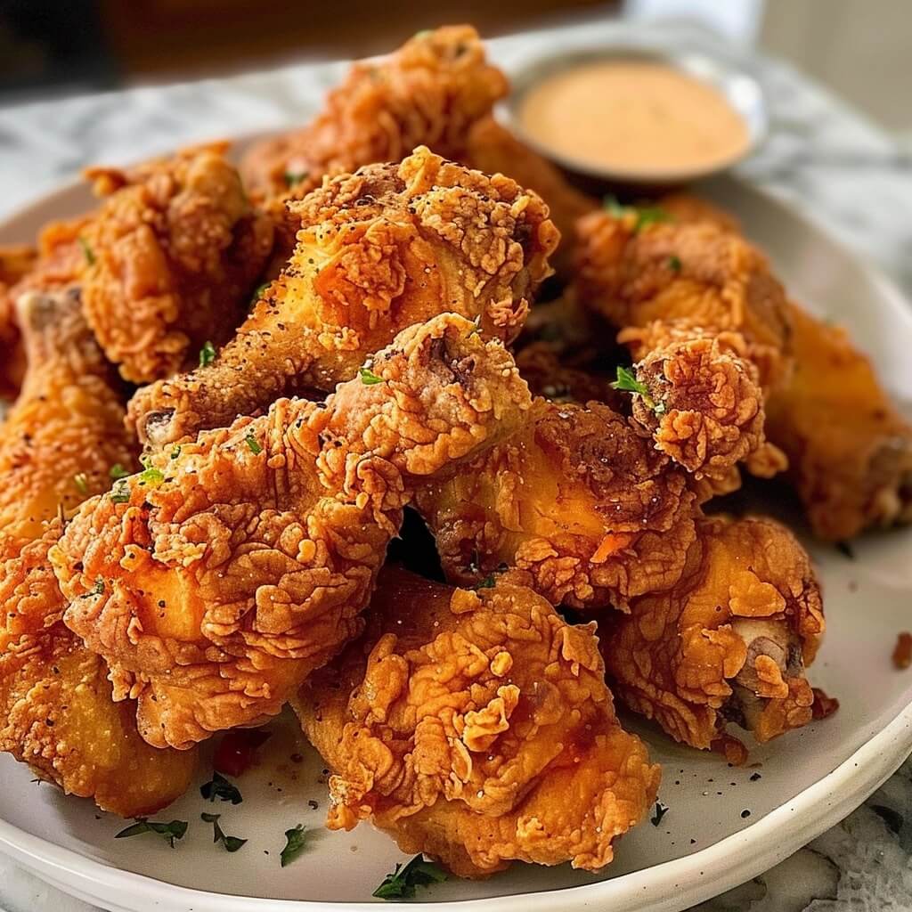 A close-up of a pile of golden-brown, crispy fried chicken pieces on a white plate, garnished with fresh parsley and served with a creamy dipping sauce in the background.